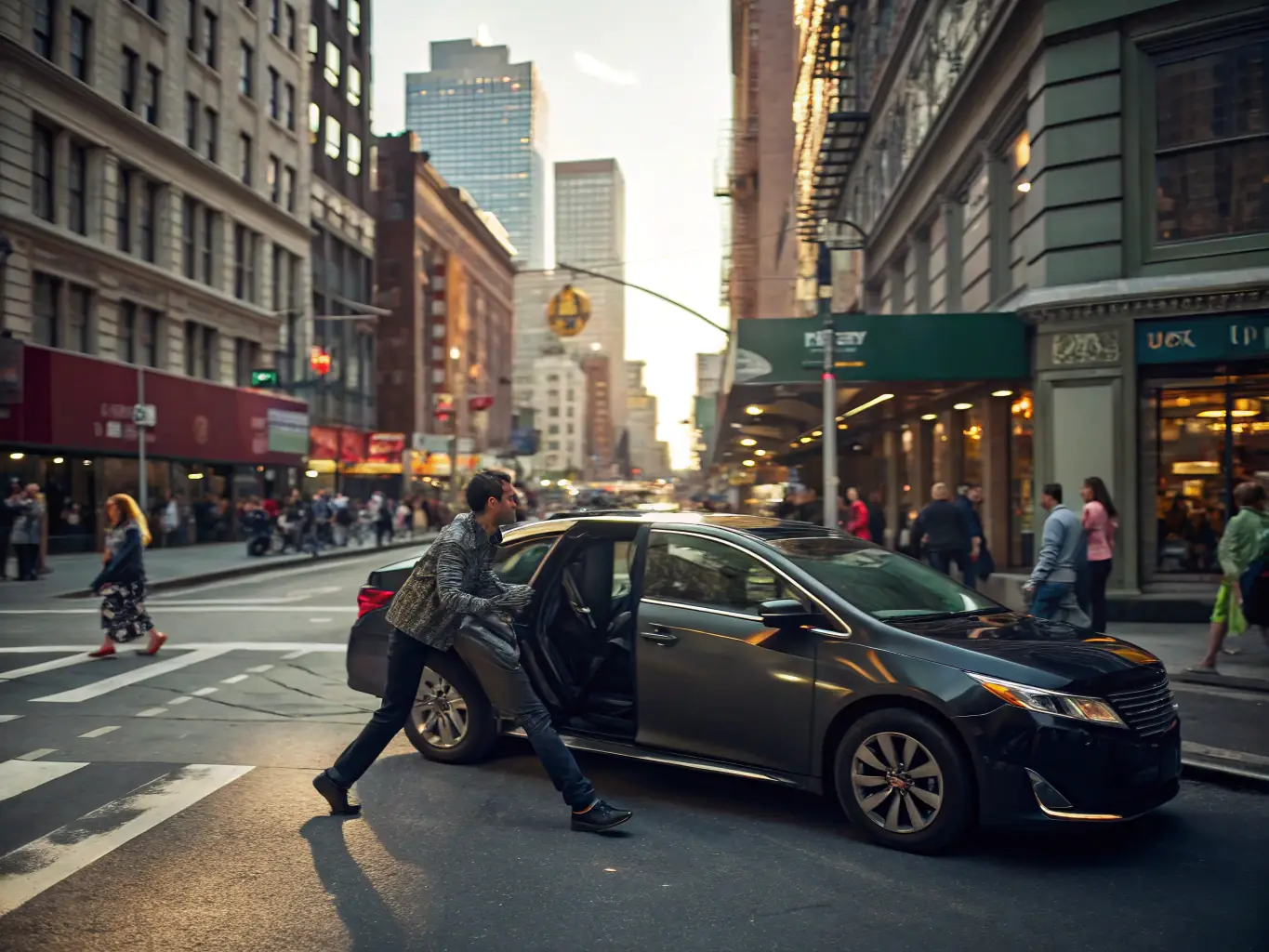 A city street scene with multiple rideshare vehicles, each featuring a Blink Ads tablet visible through the window, and animated location pins showing targeted ad delivery to local neighborhoods.