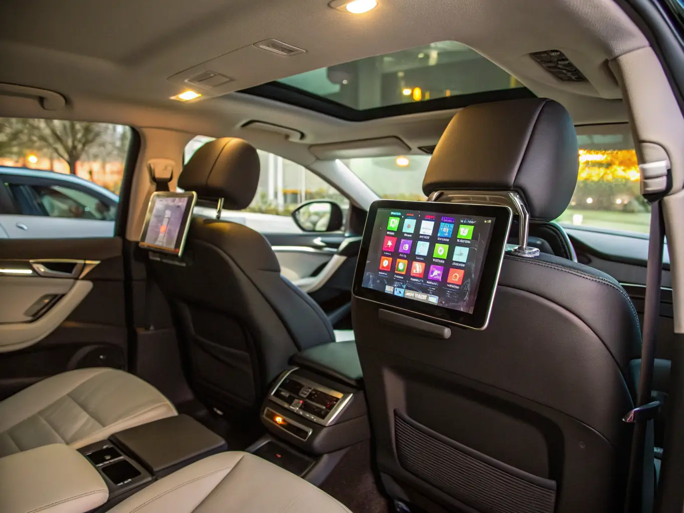 A close-up photo of a Blink Ads tablet screen mounted on the back of a rideshare car seat, displaying a vibrant local business advertisement, with a smiling passenger glancing at the screen inside a clean, modern vehicle.
